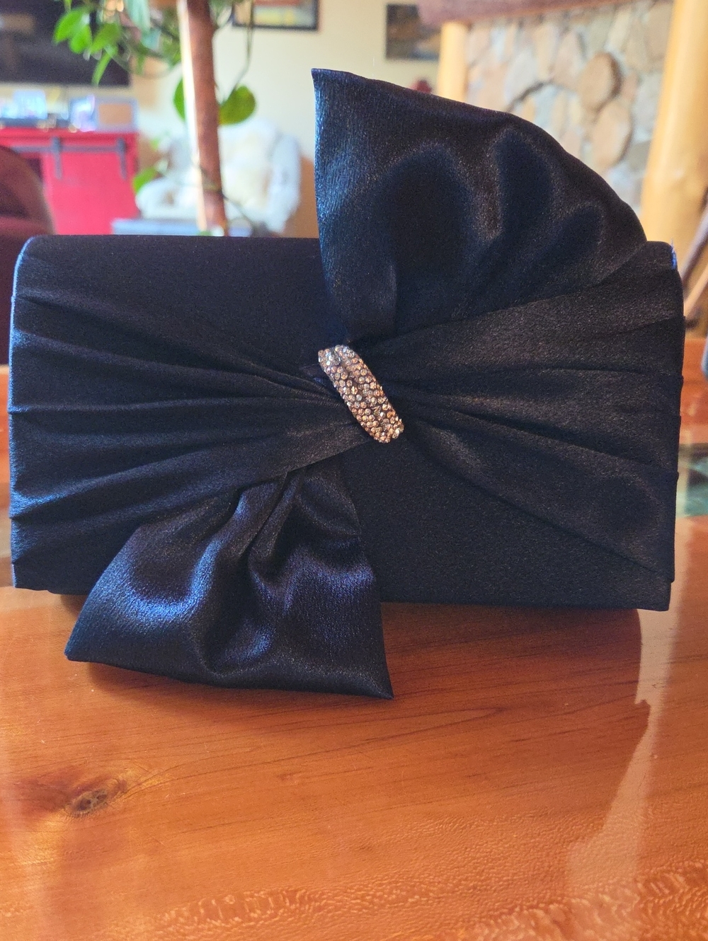 Elegant Black Satin Bow Clutch with Rhinestone Accent